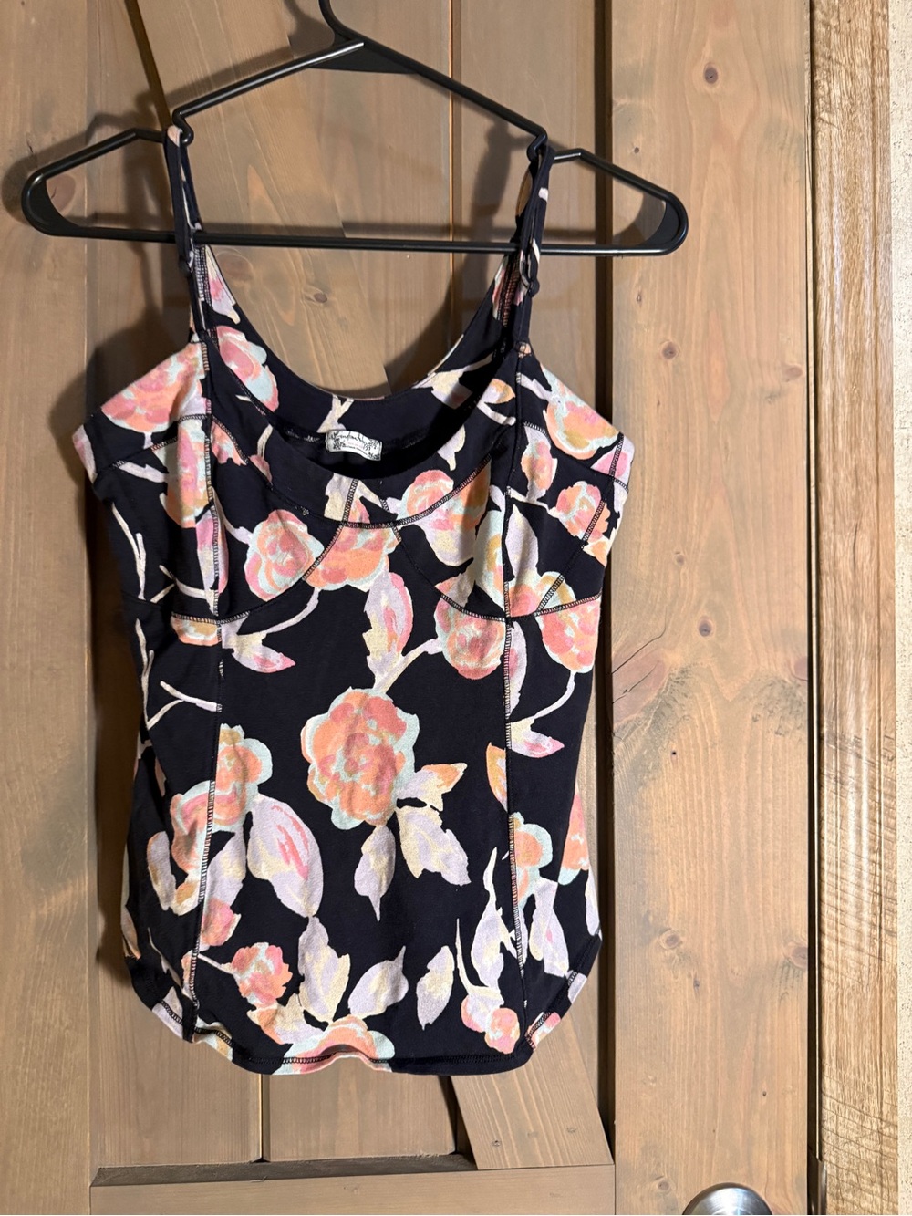 Floral Black Tank Top with Pink Peach Blooms